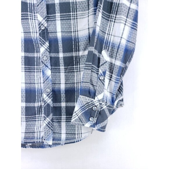 BKE Mens Medium Standard Fit Pearl Snap Western Shirt Blue Plaid Long Sleeve - Picture 6 of 8